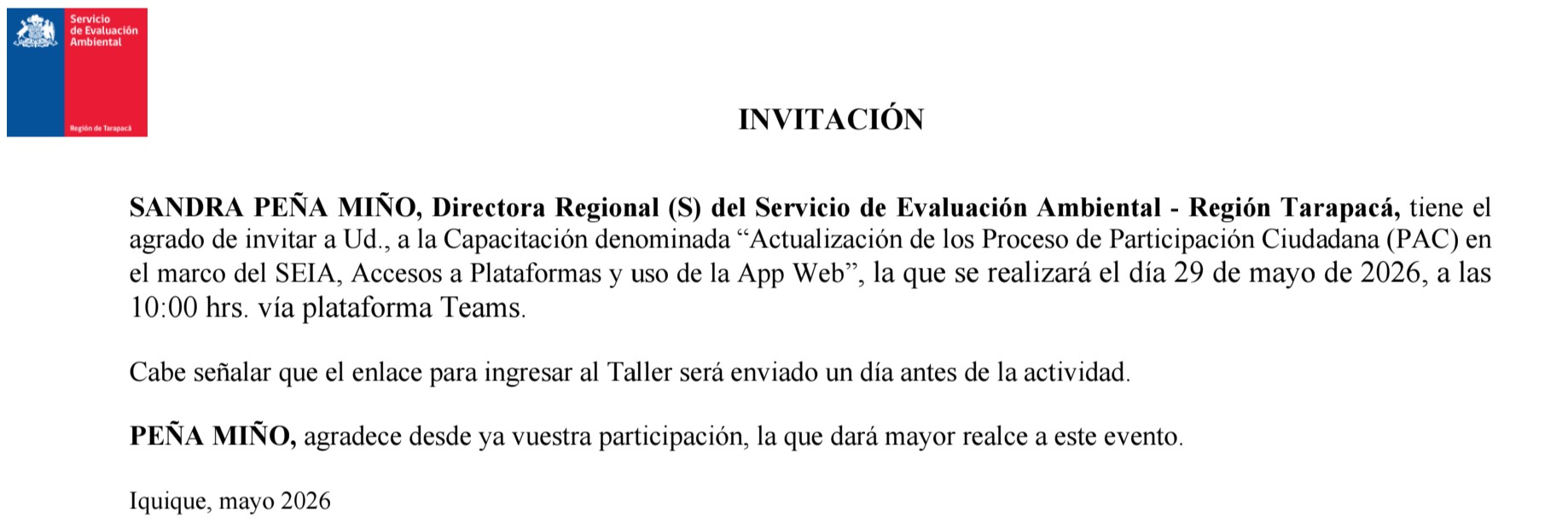 Lee más sobre el artículo Invitacion del SEA Tarapacá día 29 – mayo – 2026